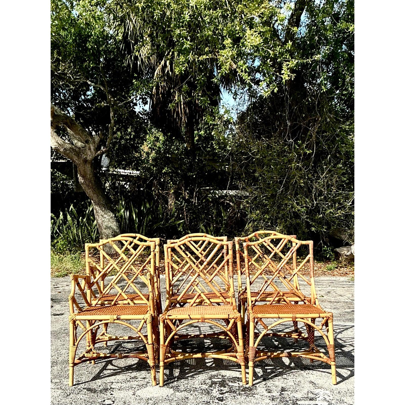 Vintage Coastal Chinese Chippendale Dining Chairs - Set of 6 For Sale 1