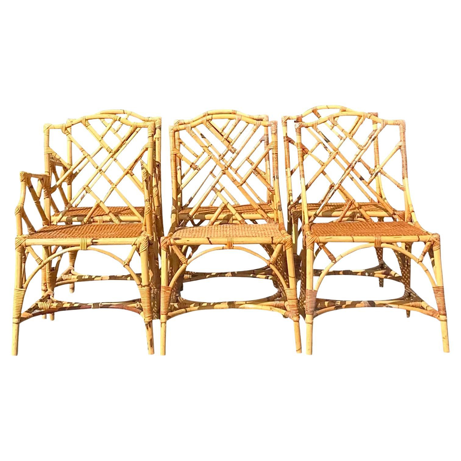 Vintage Coastal Chinese Chippendale Dining Chairs - Set of 6 For Sale