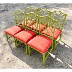 Vintage Coastal Chinese Chippendale Rattan Dining Chairs, Set of 10