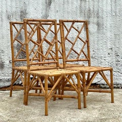 Vintage Coastal Chinese Chippendale Rattan Dining Chairs - Set of 4 - 2550