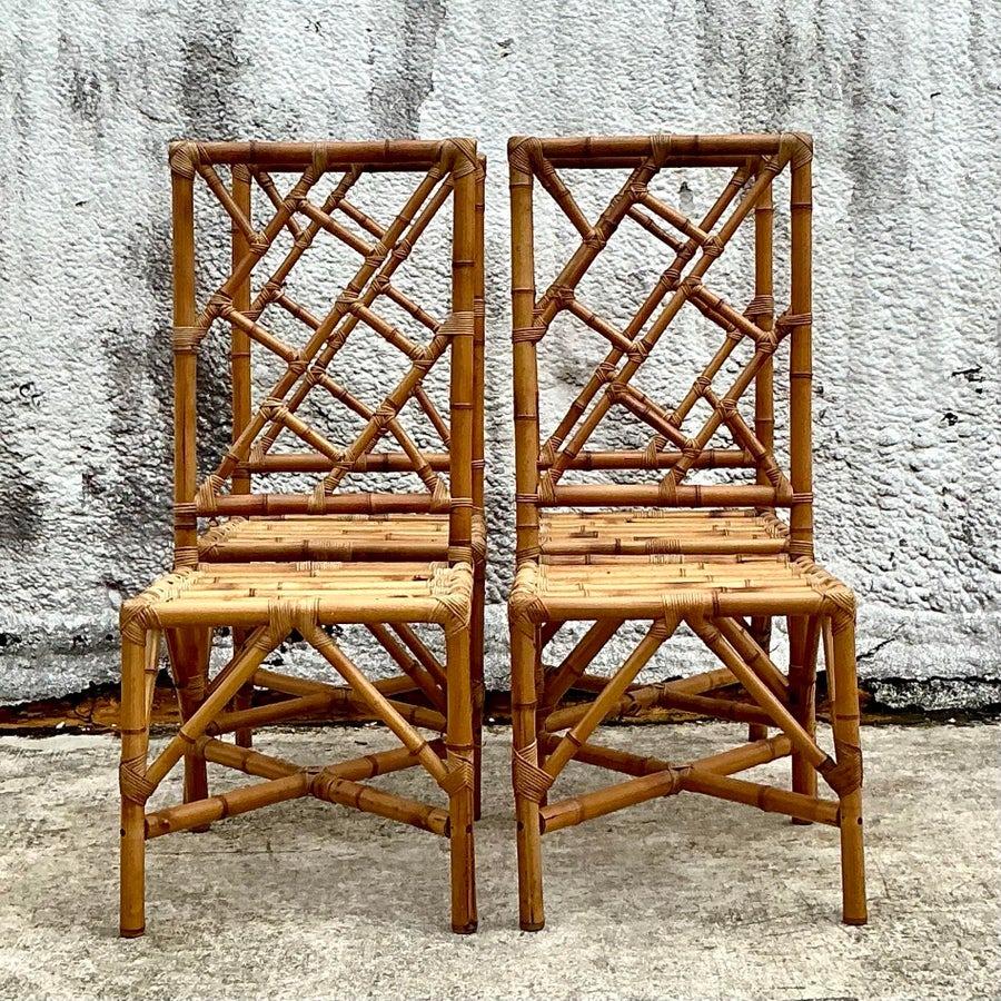 Philippine Vintage Coastal Chinese Chippendale Rattan Dining Chairs - Set of 4 - 2550 For Sale