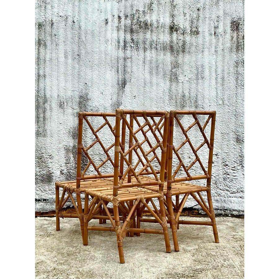 Vintage Coastal Chinese Chippendale Rattan Dining Chairs - Set of 4 - 2550 In Good Condition For Sale In west palm beach, FL