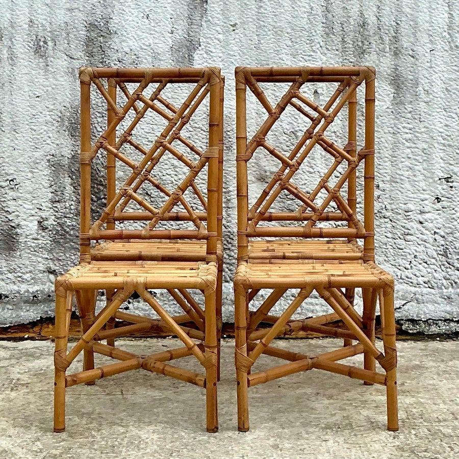 20th Century Vintage Coastal Chinese Chippendale Rattan Dining Chairs - Set of 4 - 2550 For Sale