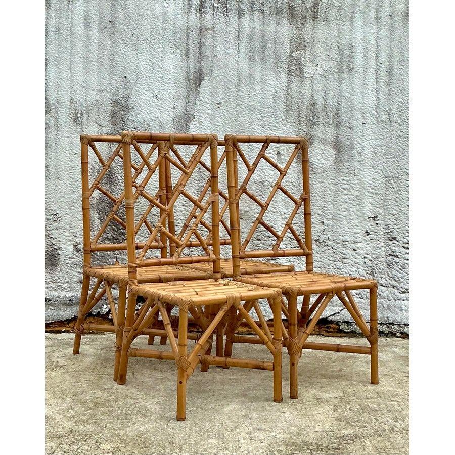 Bamboo Vintage Coastal Chinese Chippendale Rattan Dining Chairs - Set of 4 - 2550 For Sale