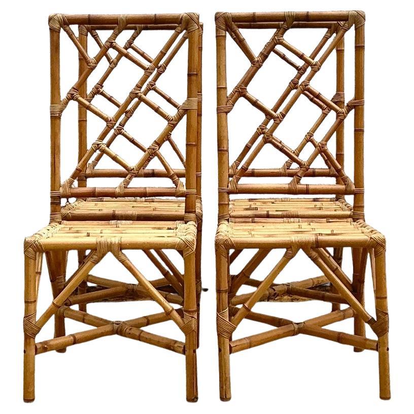Vintage Coastal Chinese Chippendale Rattan Dining Chairs - Set of 4 - 2550