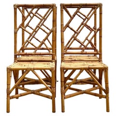 Vintage Coastal Chinese Chippendale Rattan Dining Chairs - Set of 4 - 2550