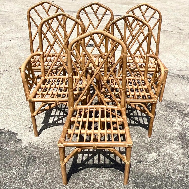 Vintage Coastal Chinese Chippendale Rattan Dining Chairs, Set of 6 For ...