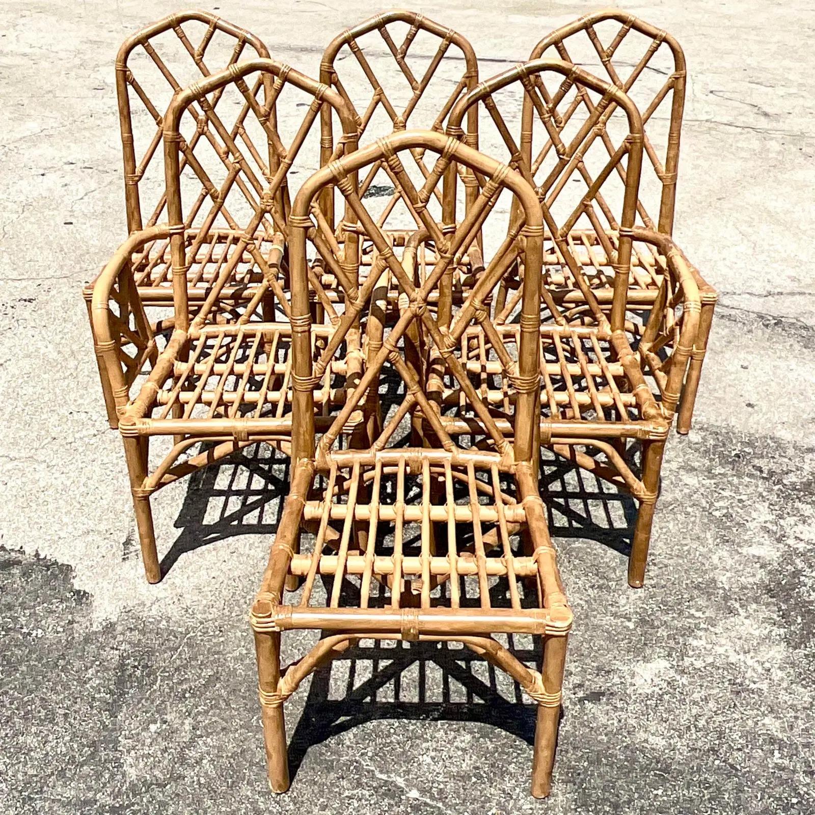 Philippine Vintage Coastal Chinese Chippendale Rattan Dining Chairs, Set of 6