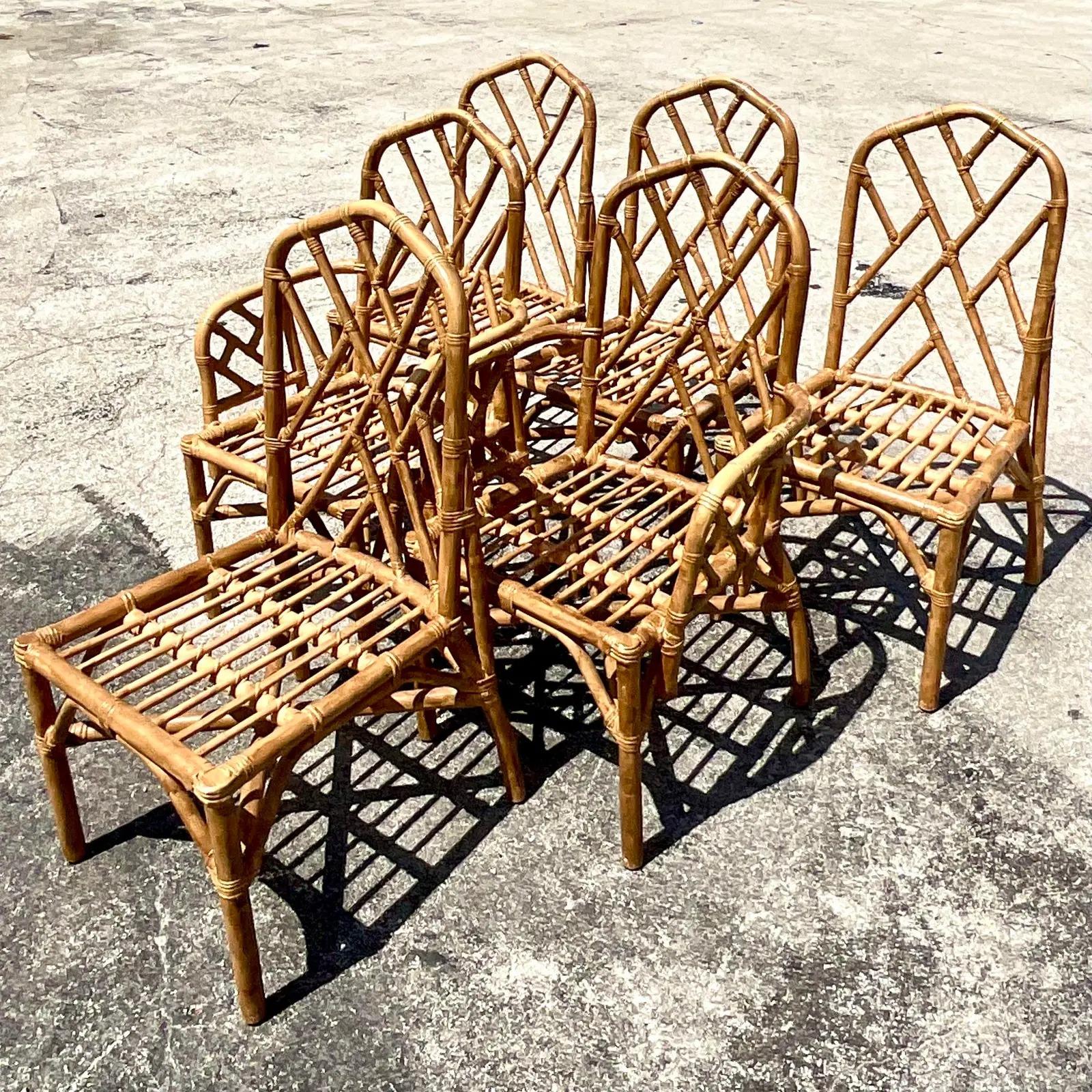 Vintage Coastal Chinese Chippendale Rattan Dining Chairs, Set of 6 In Good Condition In West Palm Beach, FL