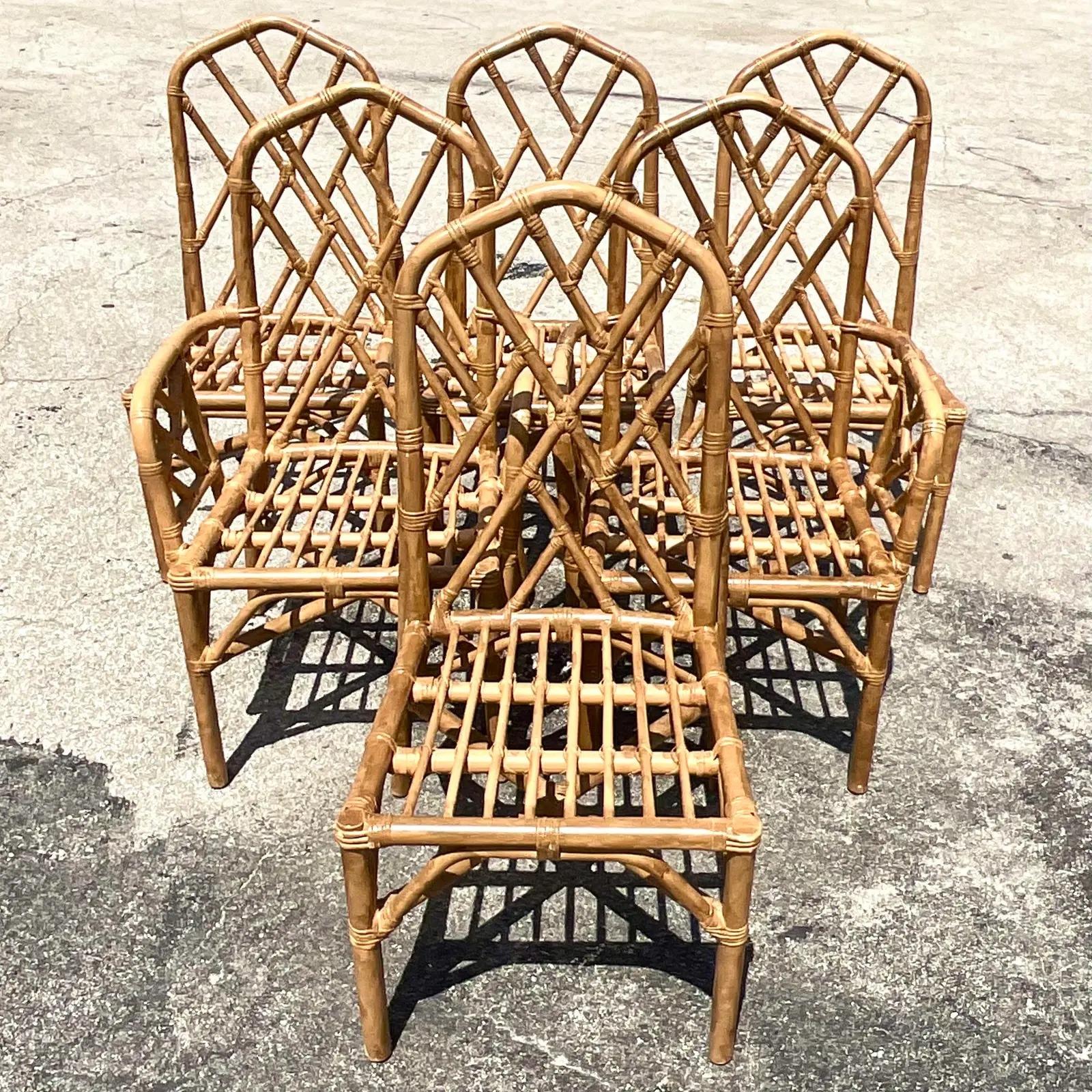 20th Century Vintage Coastal Chinese Chippendale Rattan Dining Chairs, Set of 6