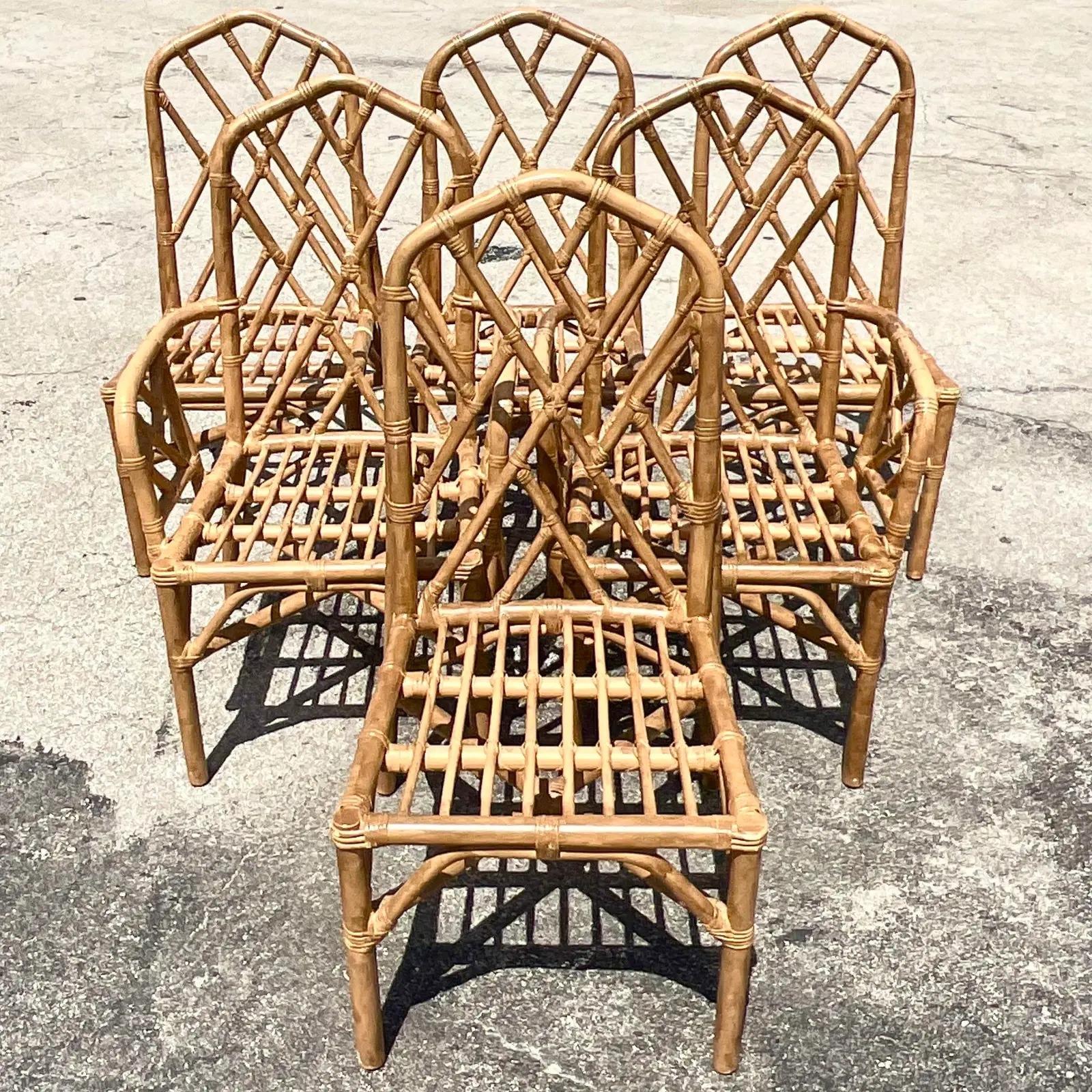 Vintage Coastal Chinese Chippendale Rattan Dining Chairs, Set of 6 1