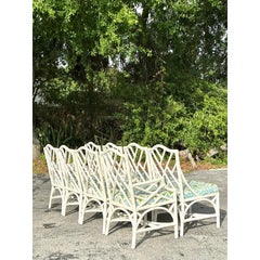 Vintage Coastal Chinese Chippendale Rattan Dining Chairs - Set of 8