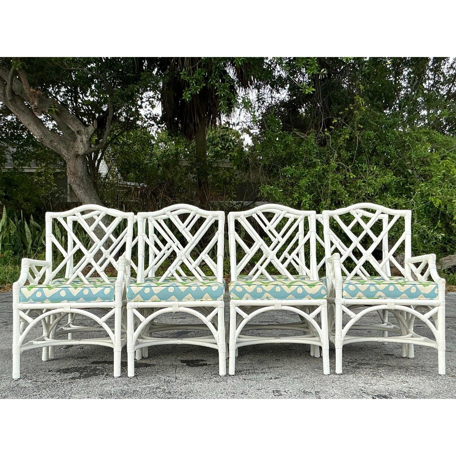 Chinoiseries Chaises de salle à manger vintage en rotin Chippendale de Chine du Sud - Lot de 8 en vente