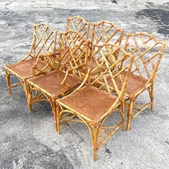 Vintage Coastal Chinese Chippendale Rattan Dining Chairs, Set of Six