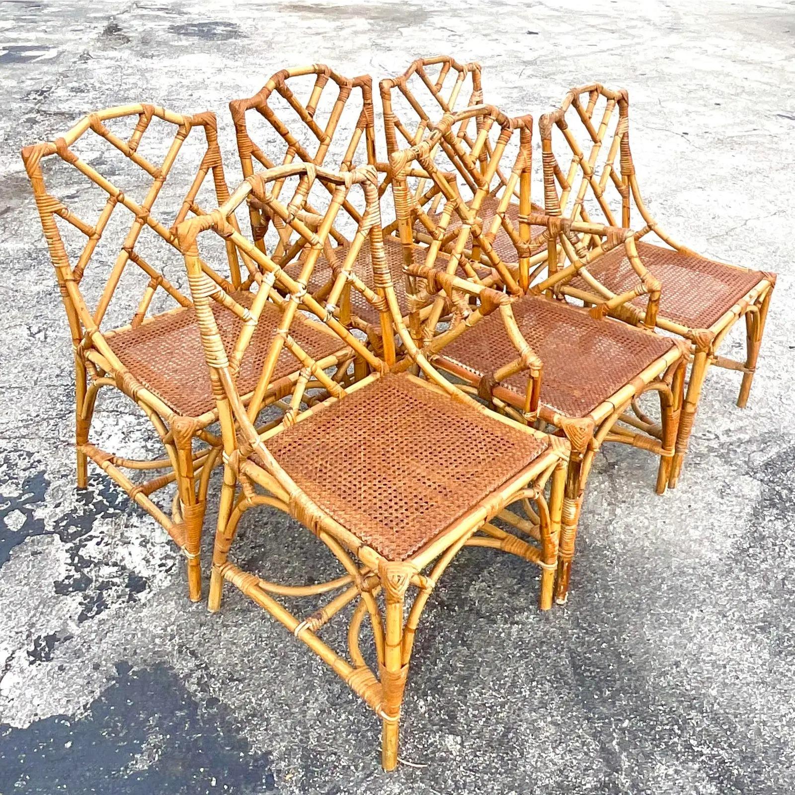 Italian Vintage Coastal Chinese Chippendale Rattan Dining Chairs, Set of Six