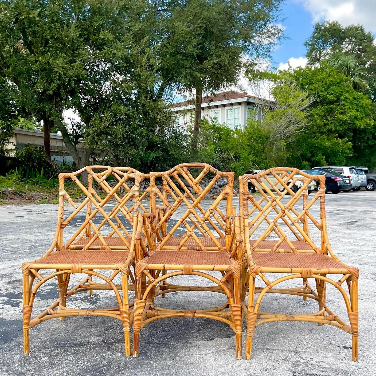 Vintage Coastal Chinese Chippendale Rattan Dining Chairs, Set of Six In Good Condition In West Palm Beach, FL