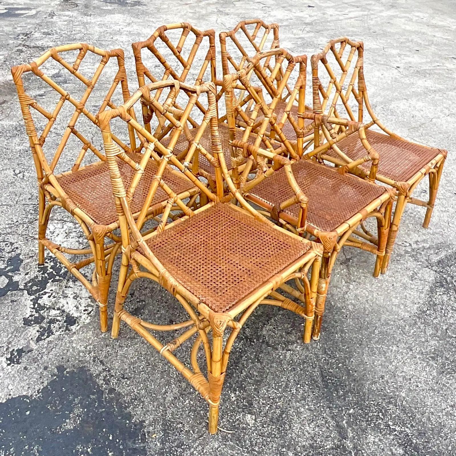 20th Century Vintage Coastal Chinese Chippendale Rattan Dining Chairs, Set of Six