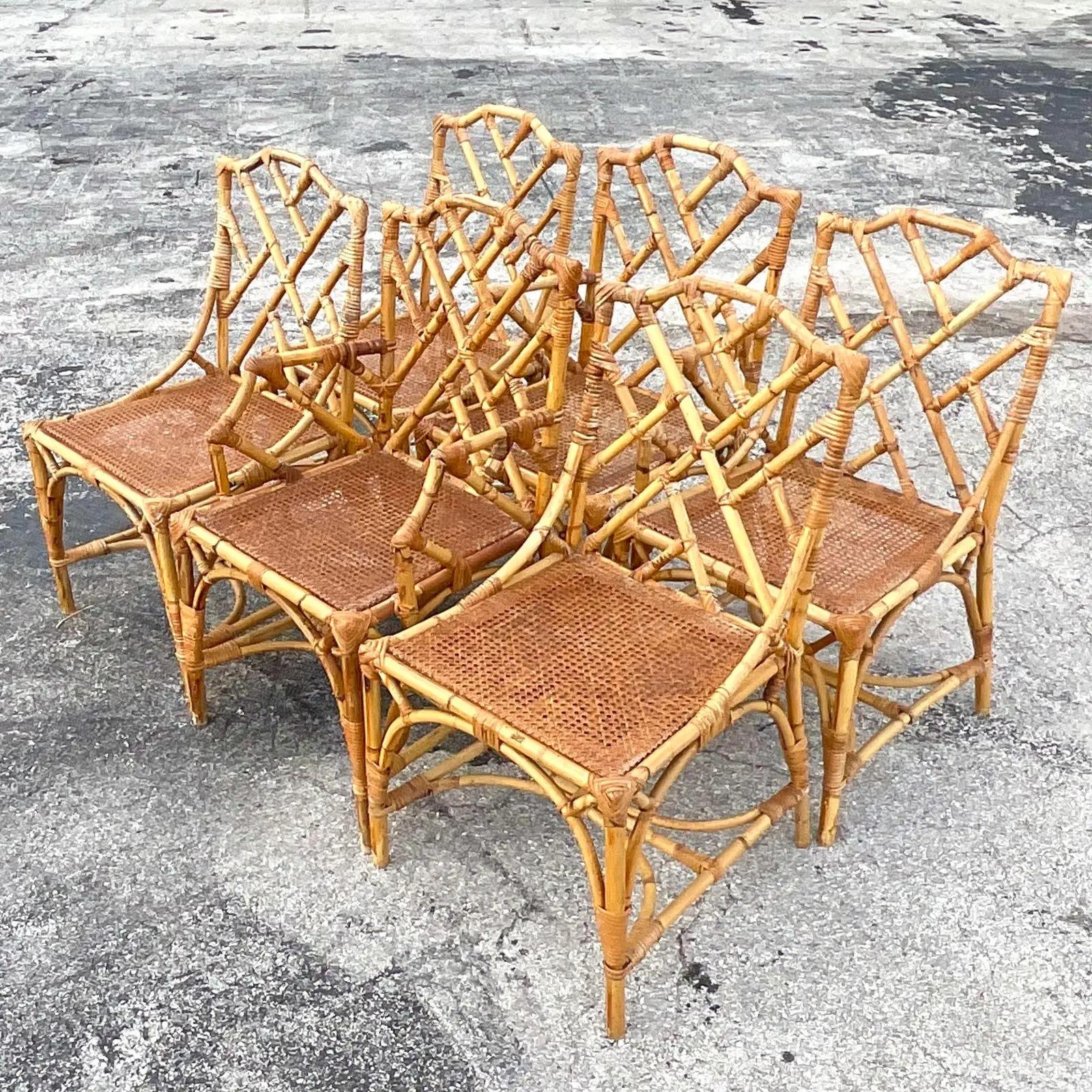 Cane Vintage Coastal Chinese Chippendale Rattan Dining Chairs, Set of Six
