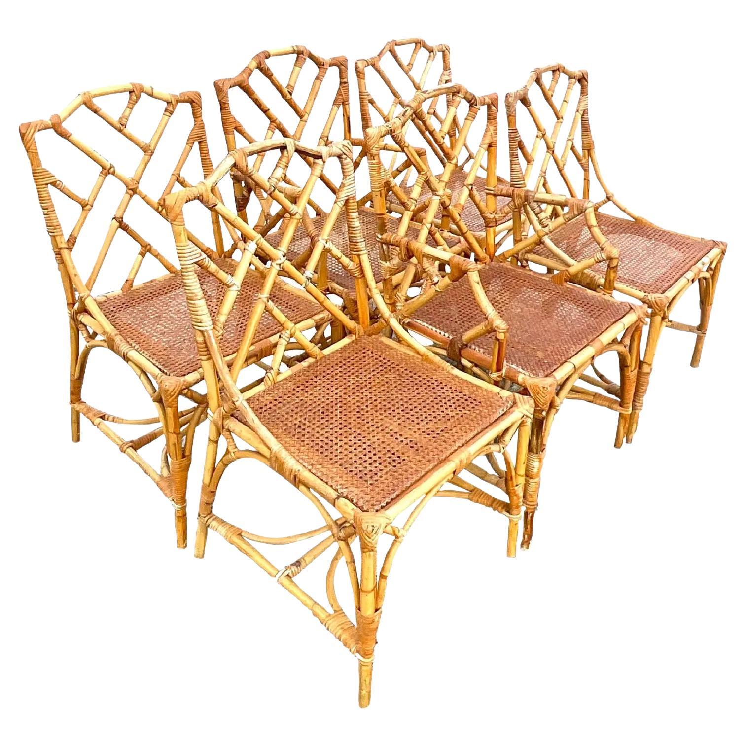 Vintage Coastal Chinese Chippendale Rattan Dining Chairs, Set of Six