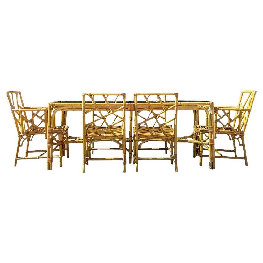 Vintage Coastal Chinese Chippendale Rattan Dining Set of 7