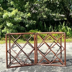 Vintage Coastal Chinese Chippendale Rattan Dining Table Pedestals - Set of 2