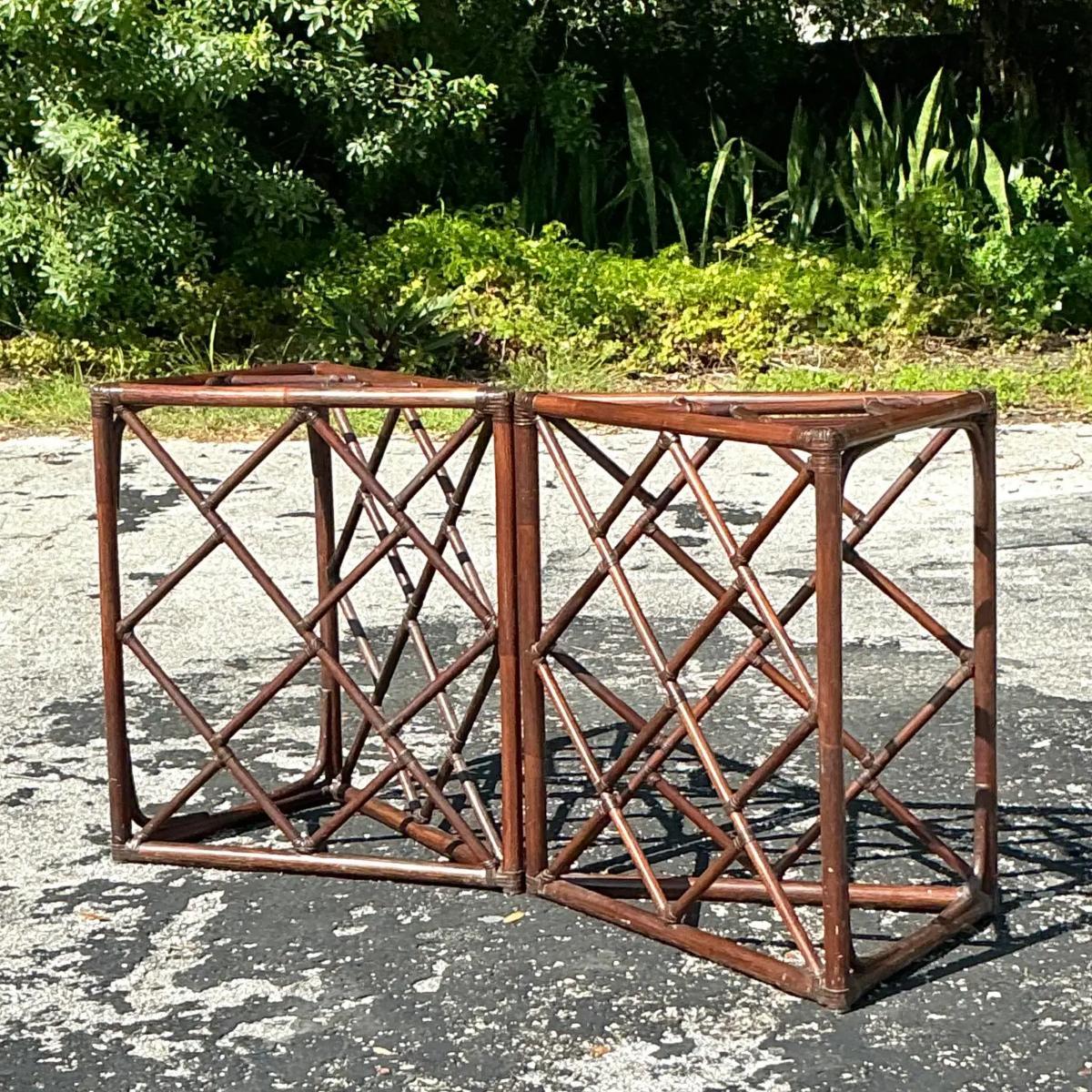 Vintage Coastal Chinese Chippendale Rattan Dining Table Pedestals - Set of 2 In Good Condition In west palm beach, FL