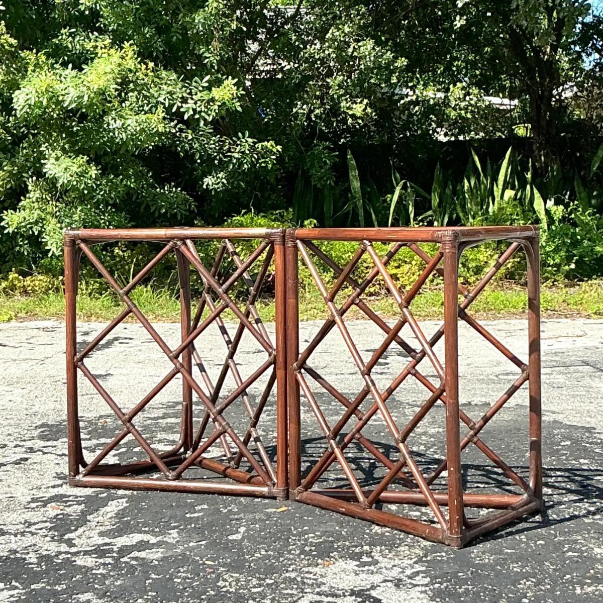 20th Century Vintage Coastal Chinese Chippendale Rattan Dining Table Pedestals - Set of 2