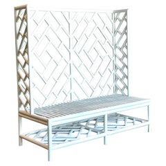 Vintage Coastal Chinese Chippendale Rattan High Back Bench