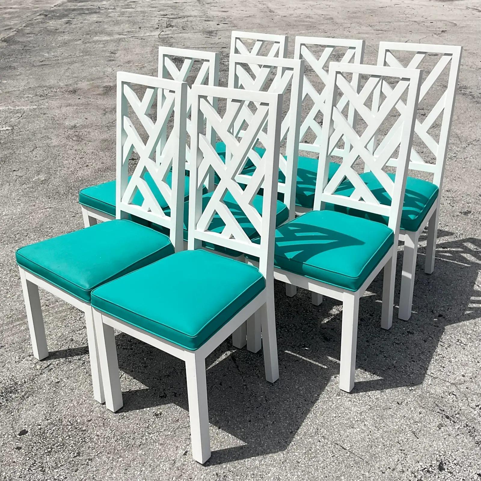 Vintage Coastal Chinese Chippendale White Lacquered Dining Chairs, Set of 8 In Good Condition In west palm beach, FL