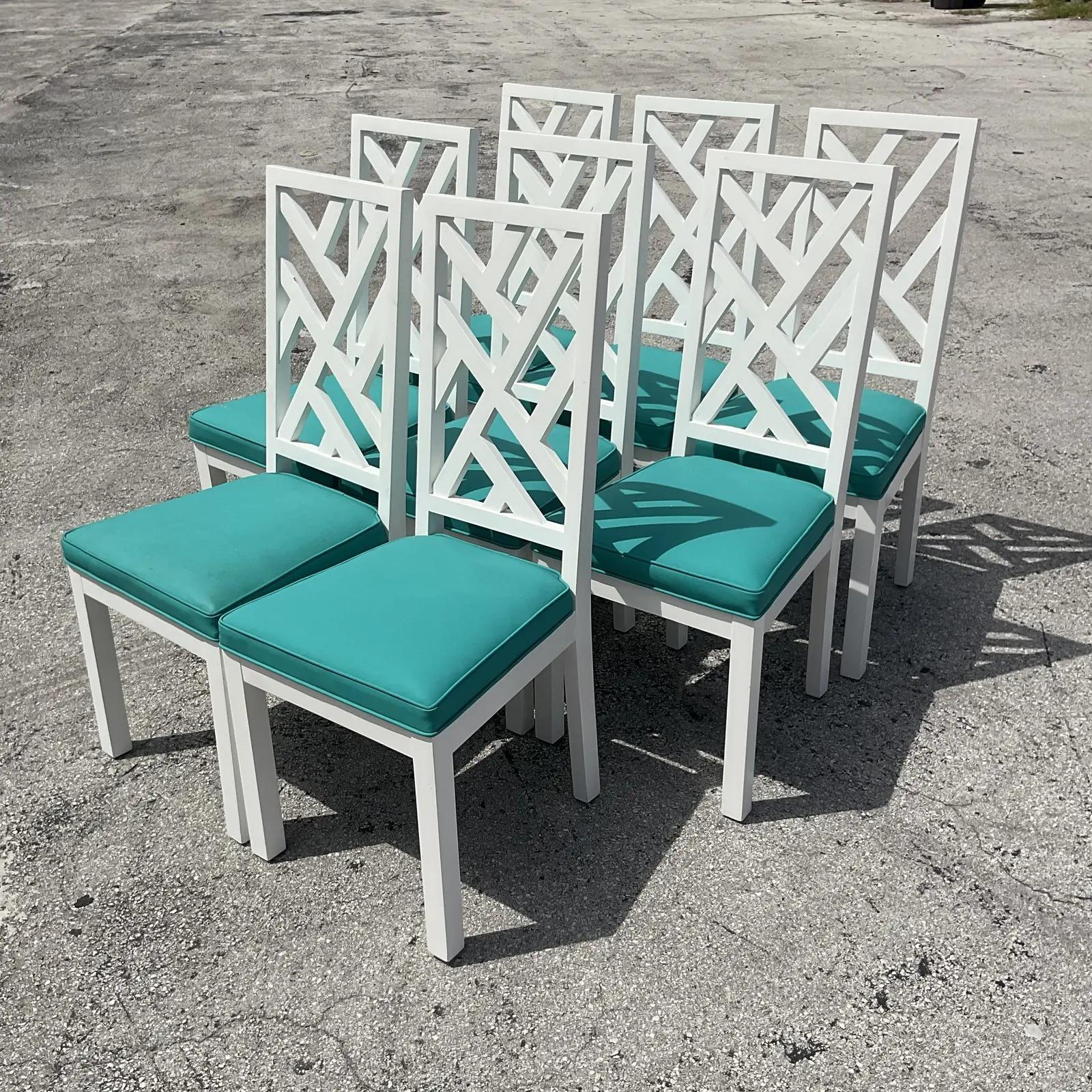 20th Century Vintage Coastal Chinese Chippendale White Lacquered Dining Chairs, Set of 8