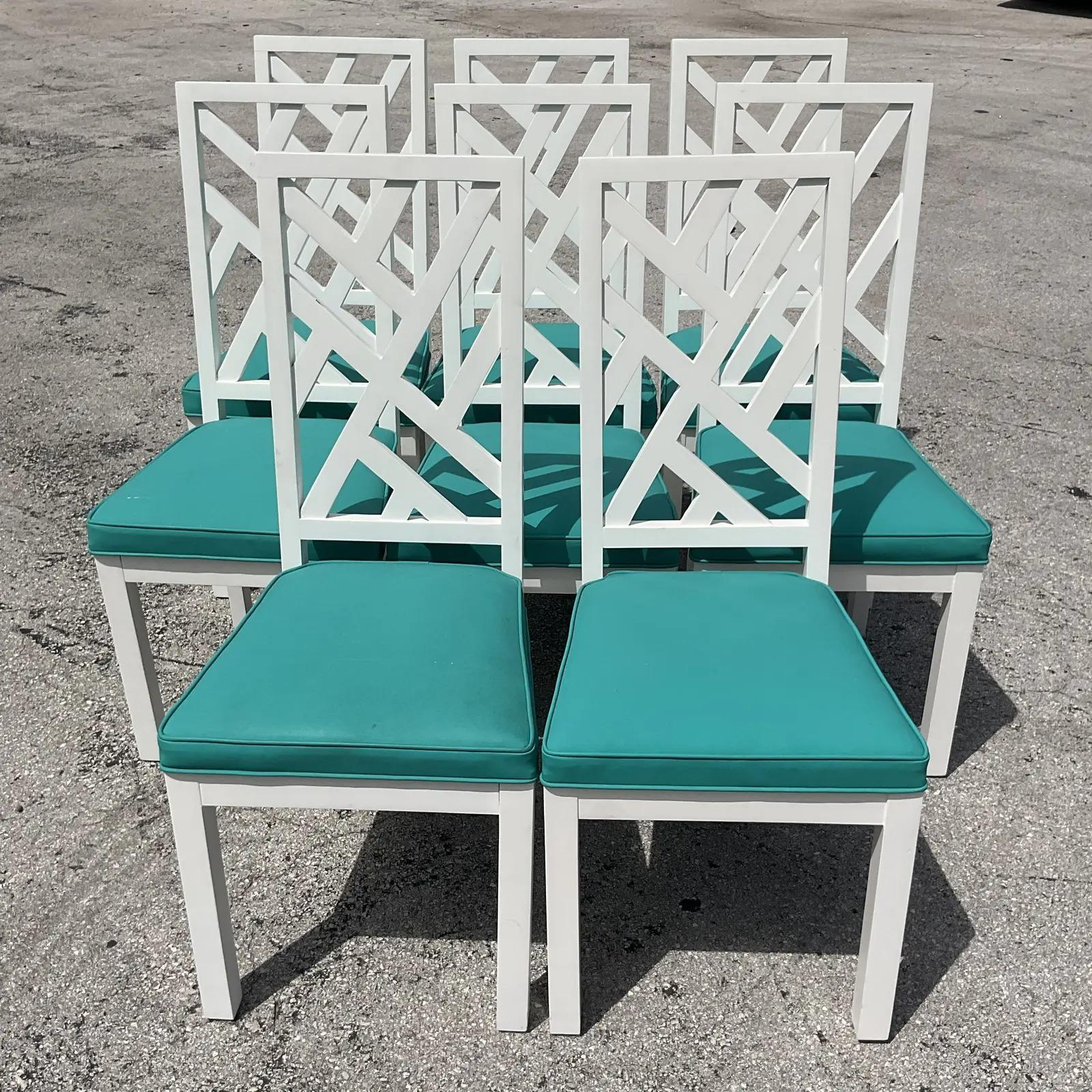 Vintage Coastal Chinese Chippendale White Lacquered Dining Chairs, Set of 8 1