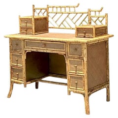 Vintage Coastal Chinese Chippendale Woven Rattan Desk