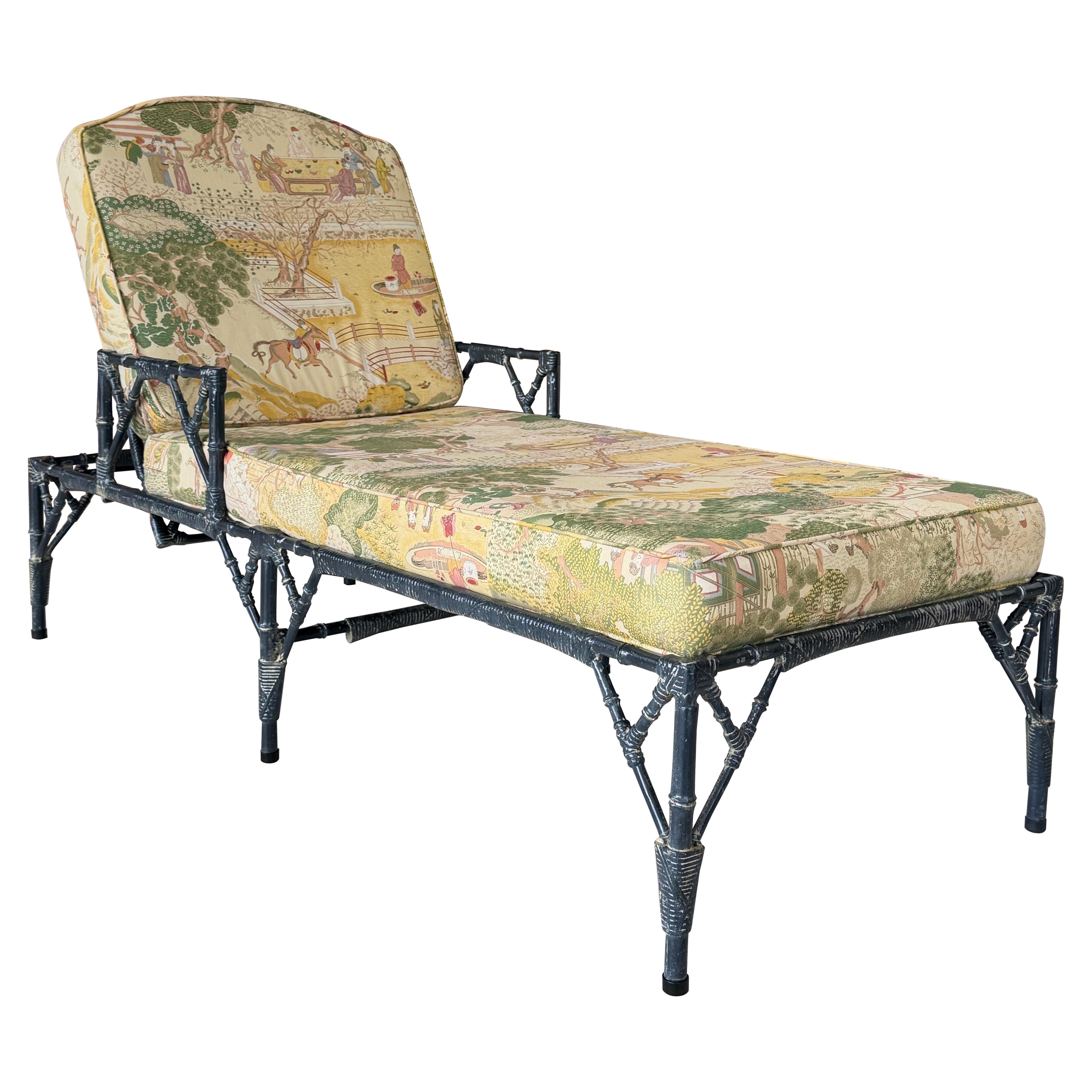 Vintage Coastal Chinoiserie Faux Bamboo Aluminum Chaise Lounge