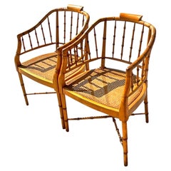 Vintage Coastal Chippendale Carved Bamboo and Cane Seat Chairs, a Pair