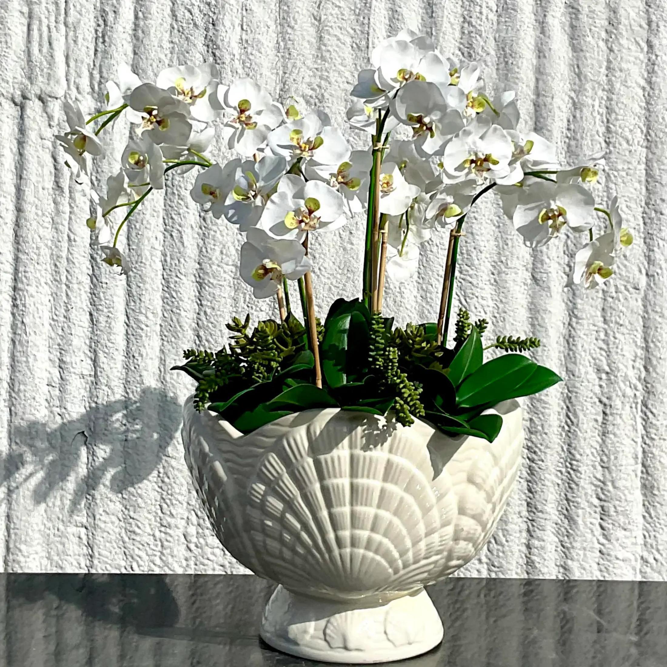 Unknown Vintage Coastal Clamshell Cache Pot With Silk Orchids