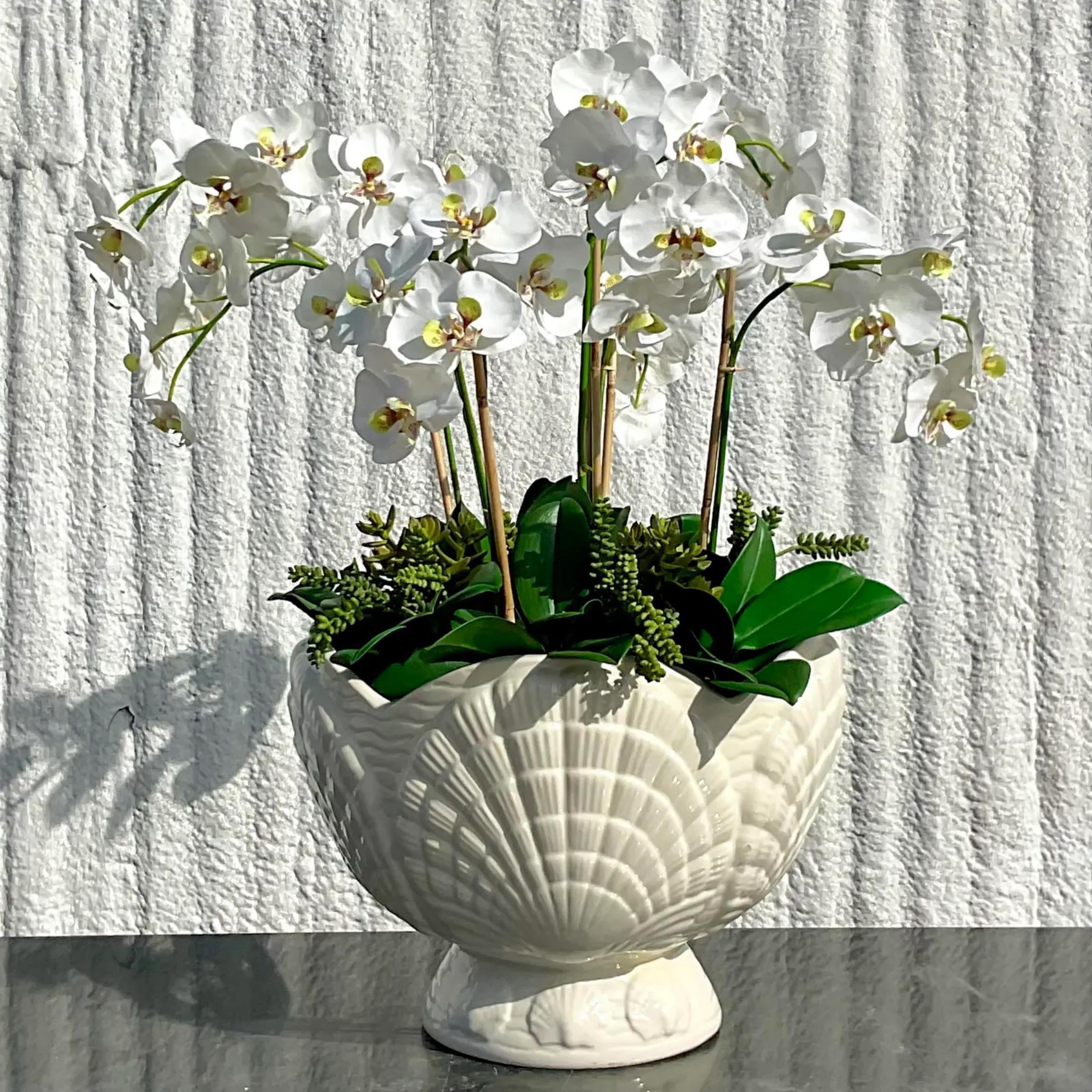 Vintage Coastal Clamshell Cache Pot With Silk Orchids In Good Condition In west palm beach, FL