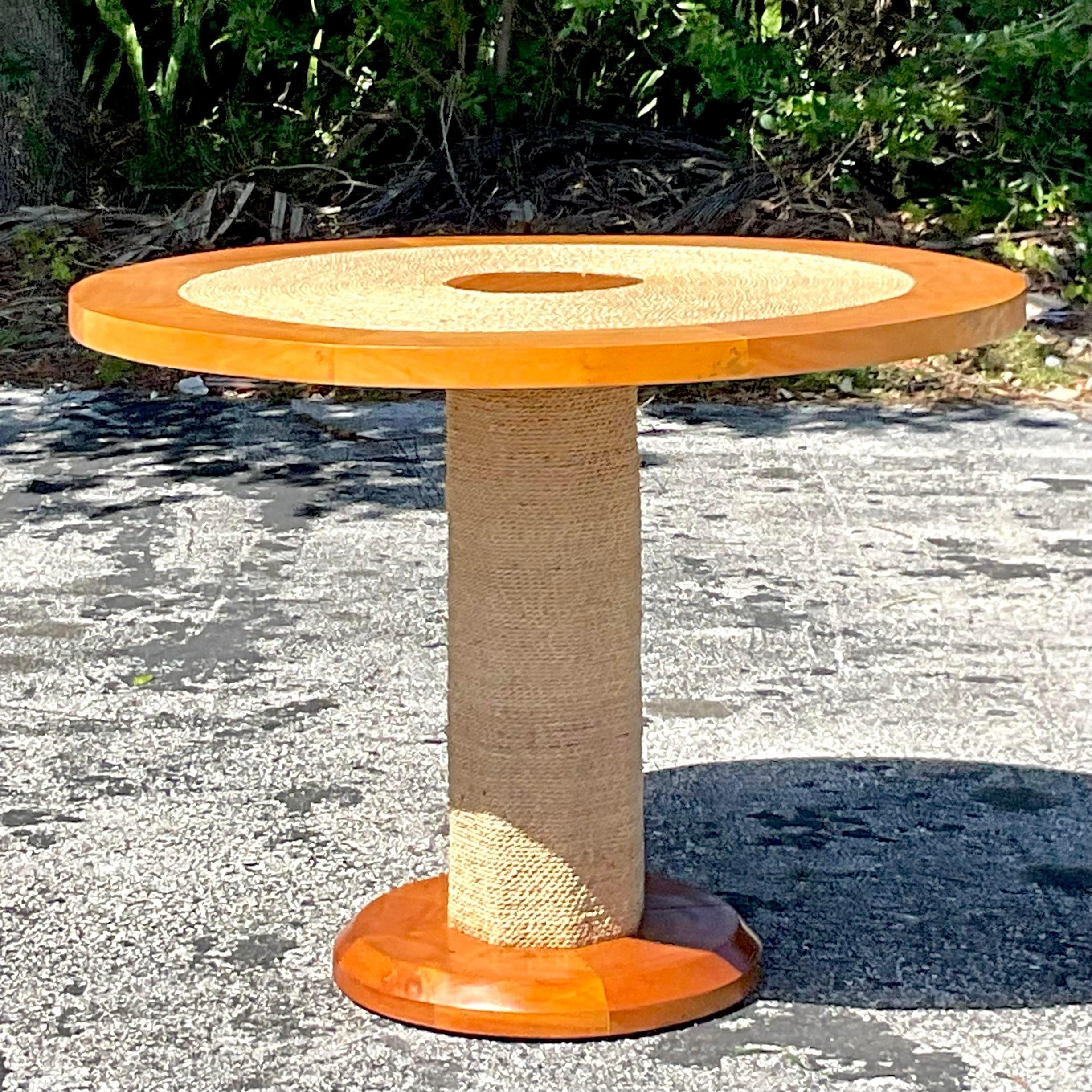 Vintage Coastal Coiled Jute Pedestal Table In Good Condition For Sale In west palm beach, FL