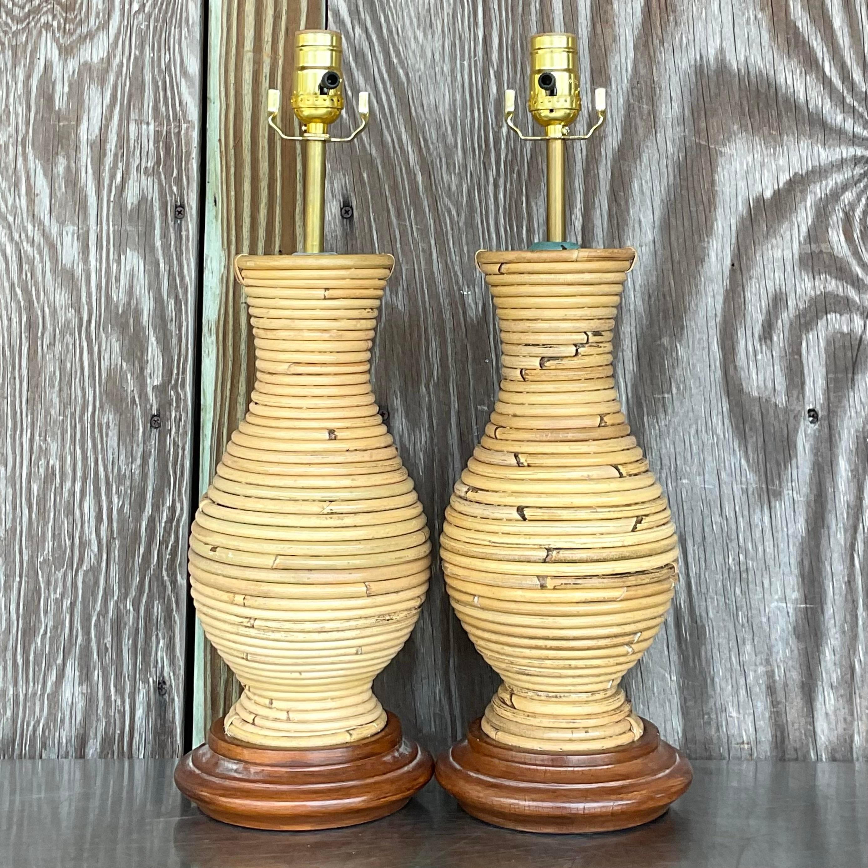 Vintage Coastal Coiled Pencil Reed Lamps - a Pair In Good Condition For Sale In west palm beach, FL