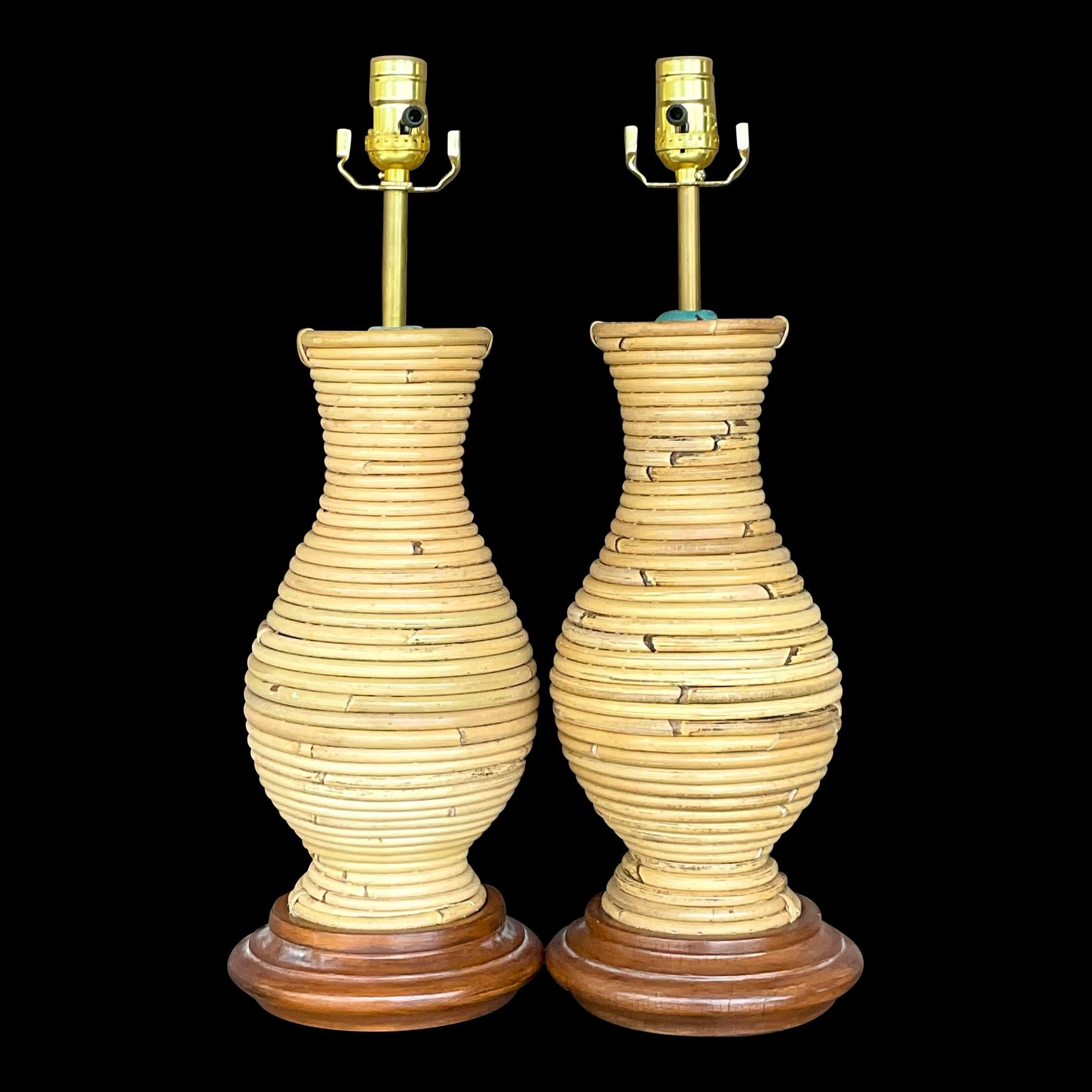 Metal Vintage Coastal Coiled Pencil Reed Lamps - a Pair For Sale