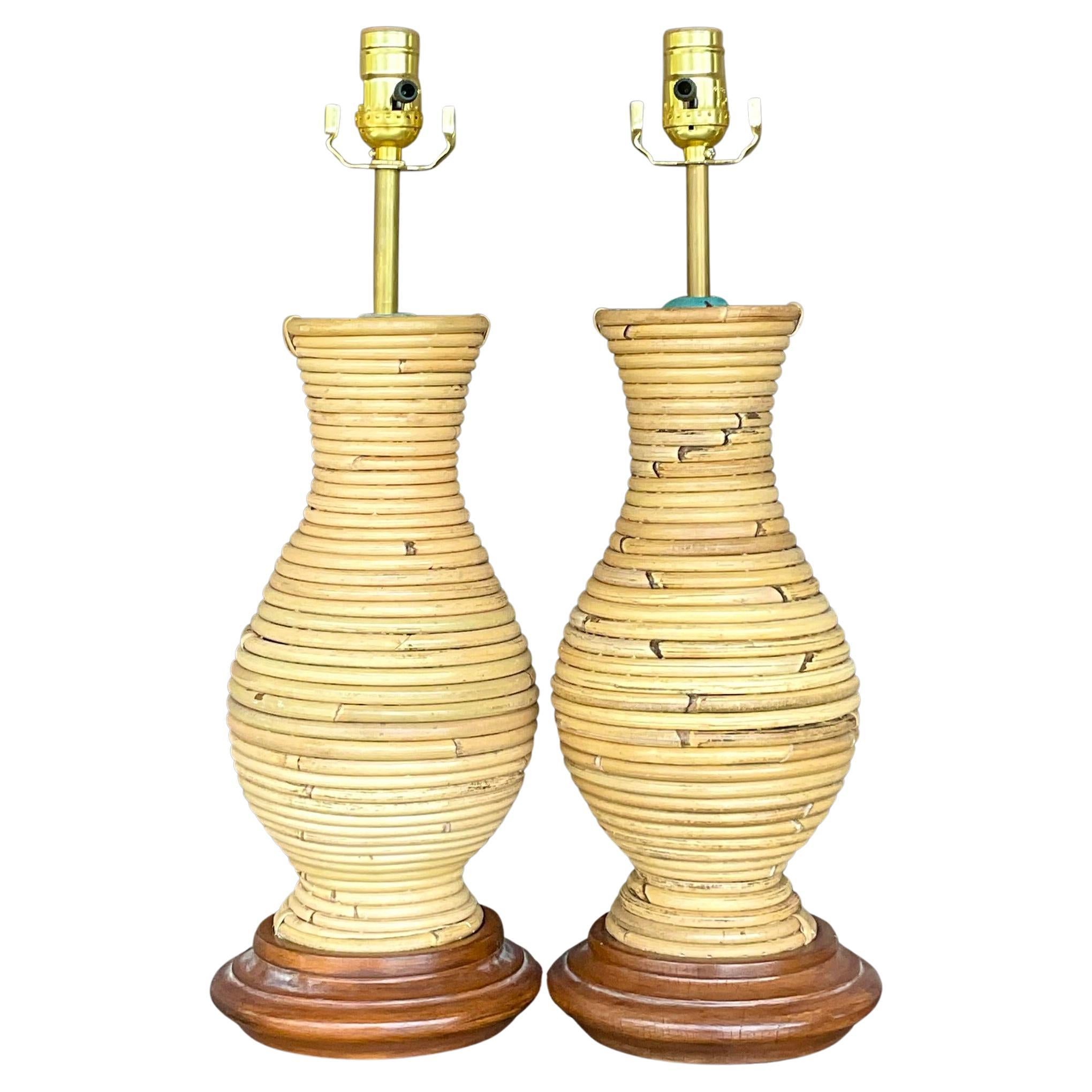 Vintage Coastal Coiled Pencil Reed Lamps - a Pair For Sale
