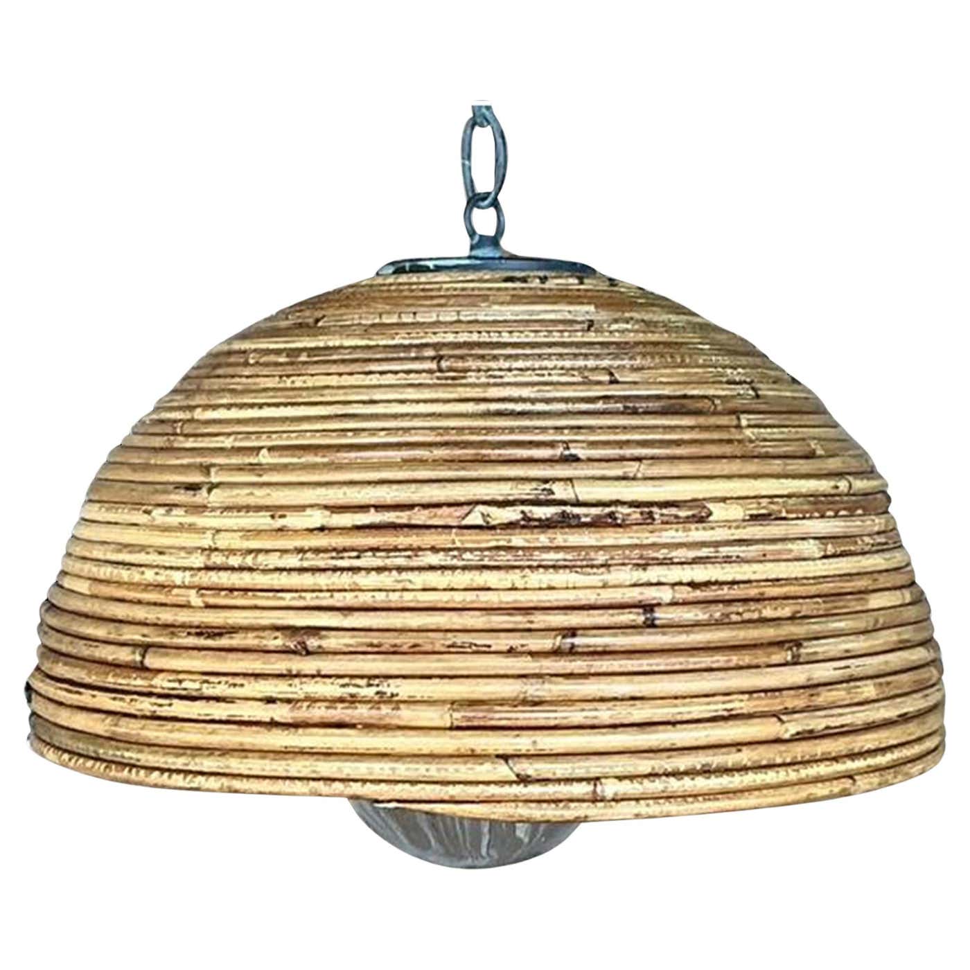 Vintage Coastal Coiled Pencil Reed Pendant Light For Sale at 1stDibs