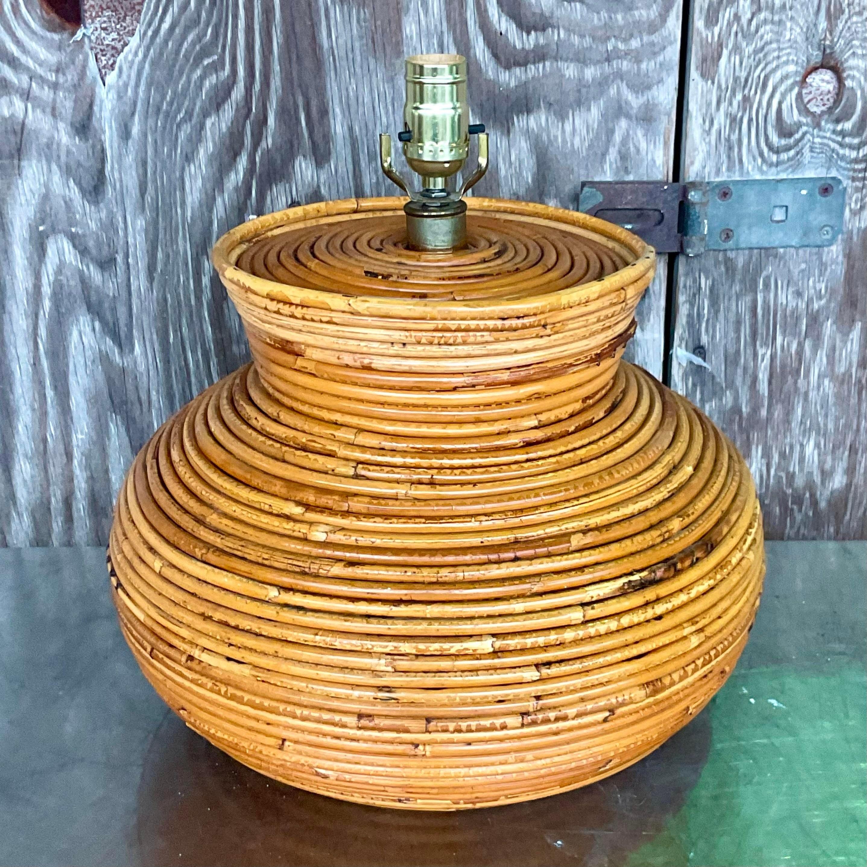 Vintage Coastal Coiled Pencil Reed Table Lamp In Good Condition In west palm beach, FL