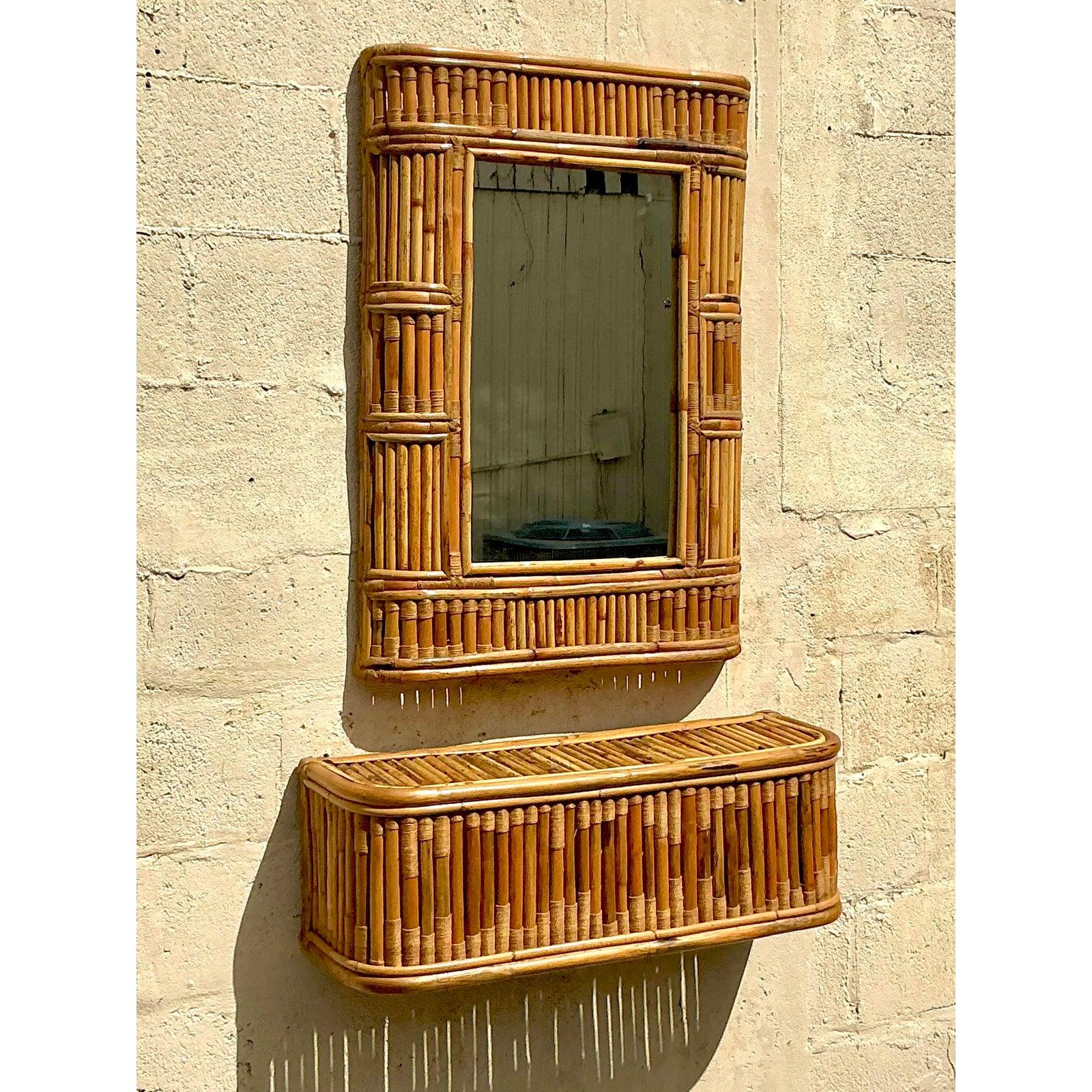 Bamboo Vintage Coastal Console Mirror and Table Set For Sale