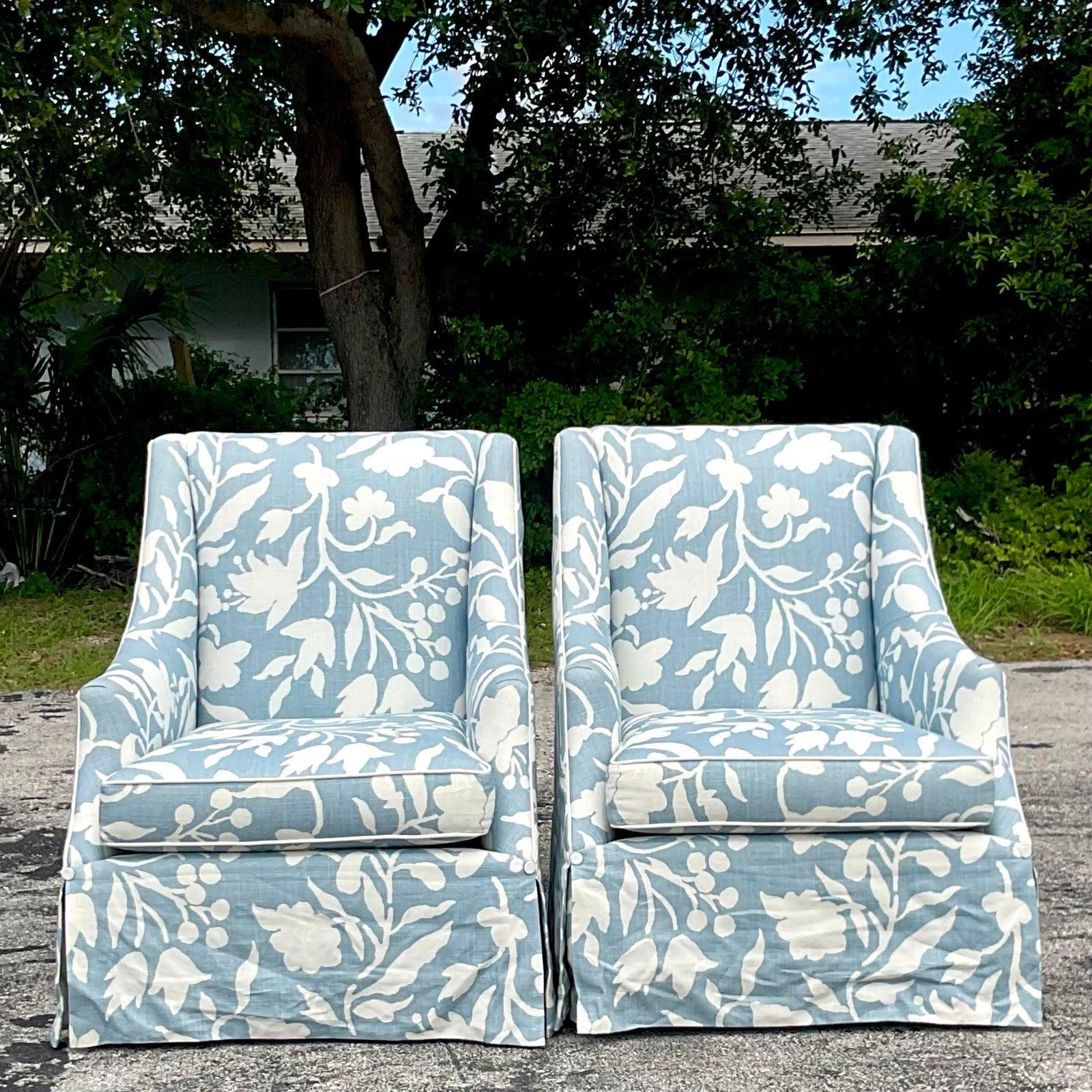 North American Vintage Coastal Cooper Brothers Printed Leaf Lounge Chairs, a Pair