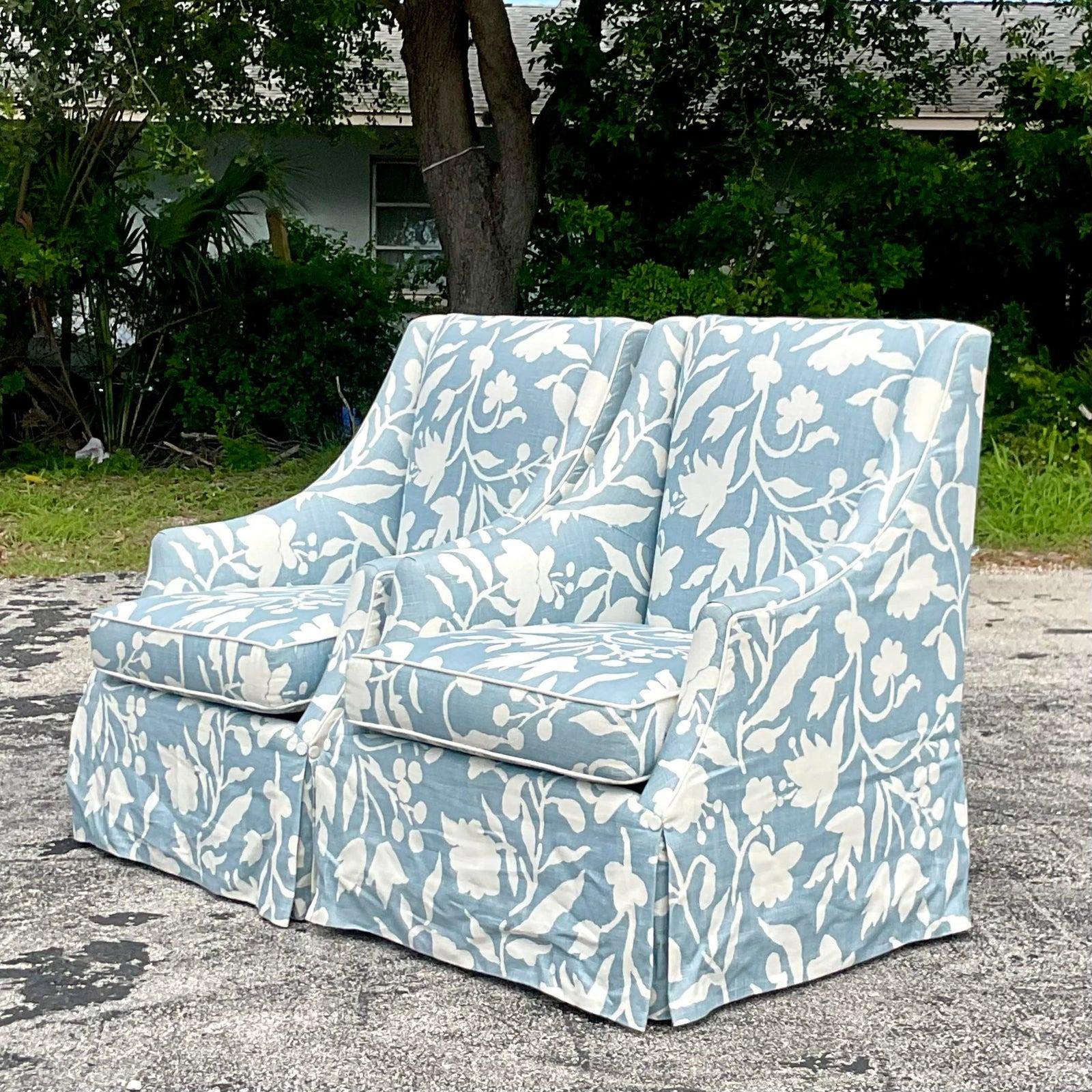 Vintage Coastal Cooper Brothers Printed Leaf Lounge Chairs, a Pair In Good Condition In west palm beach, FL