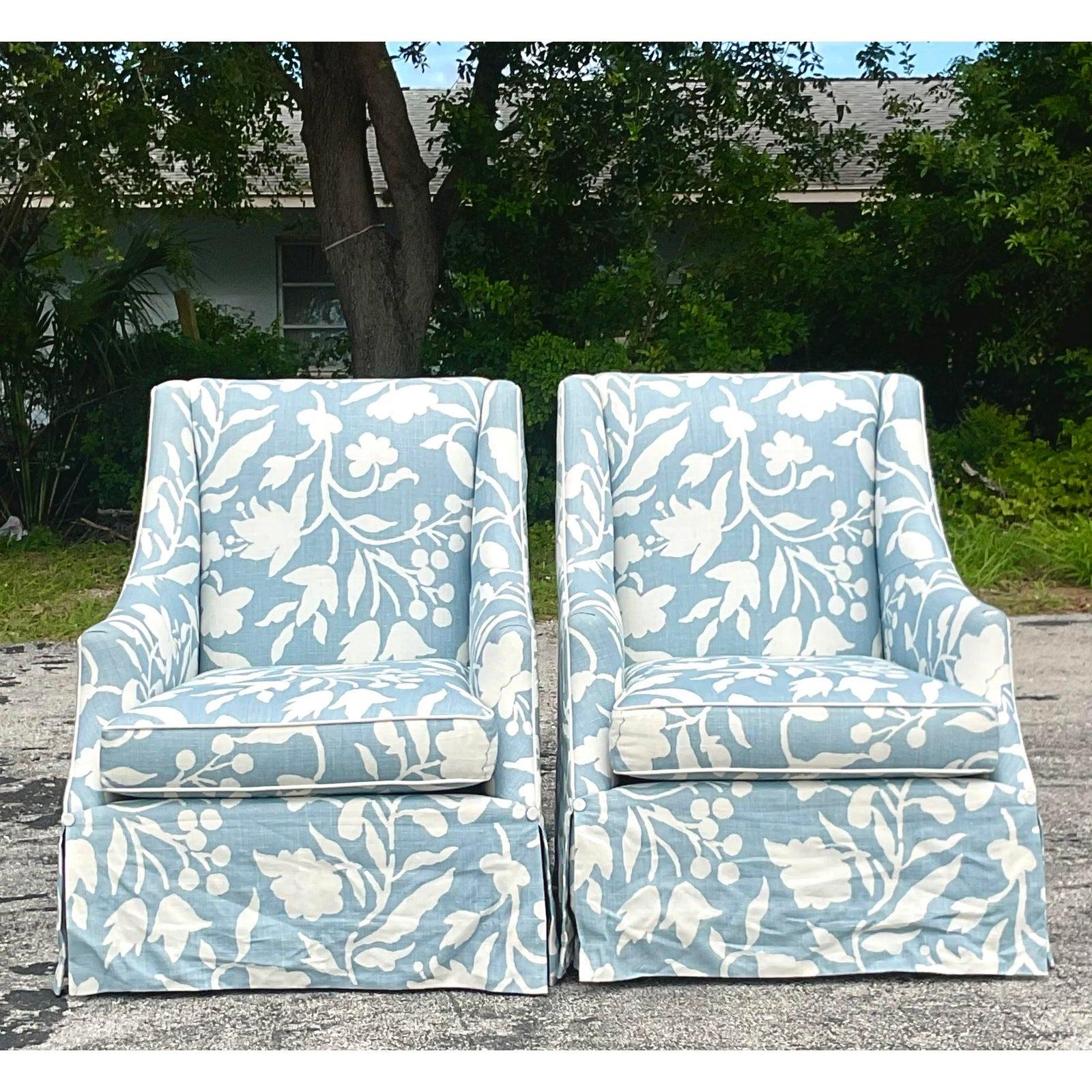 Contemporary Vintage Coastal Cooper Brothers Printed Leaf Lounge Chairs, a Pair