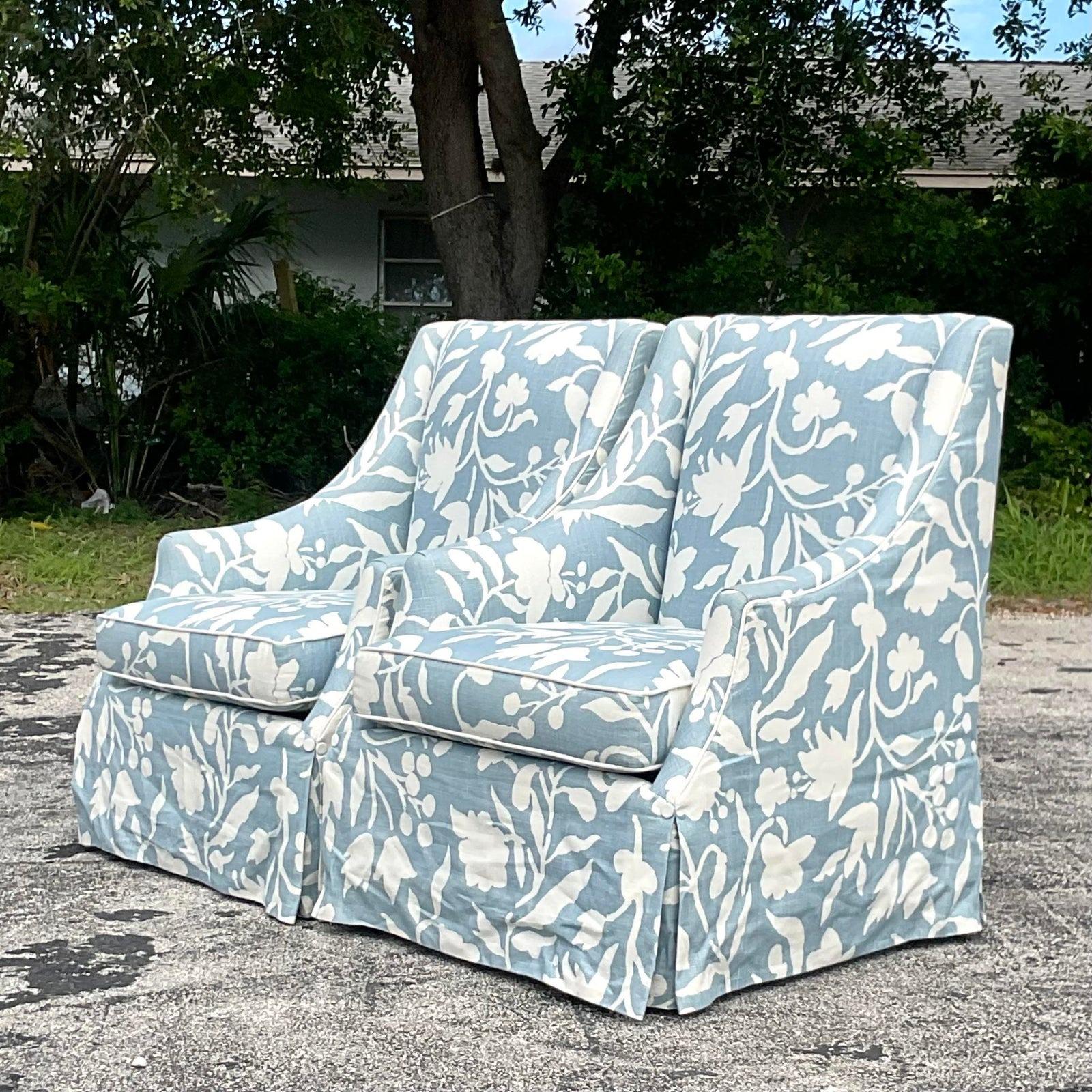 Fabric Vintage Coastal Cooper Brothers Printed Leaf Lounge Chairs, a Pair