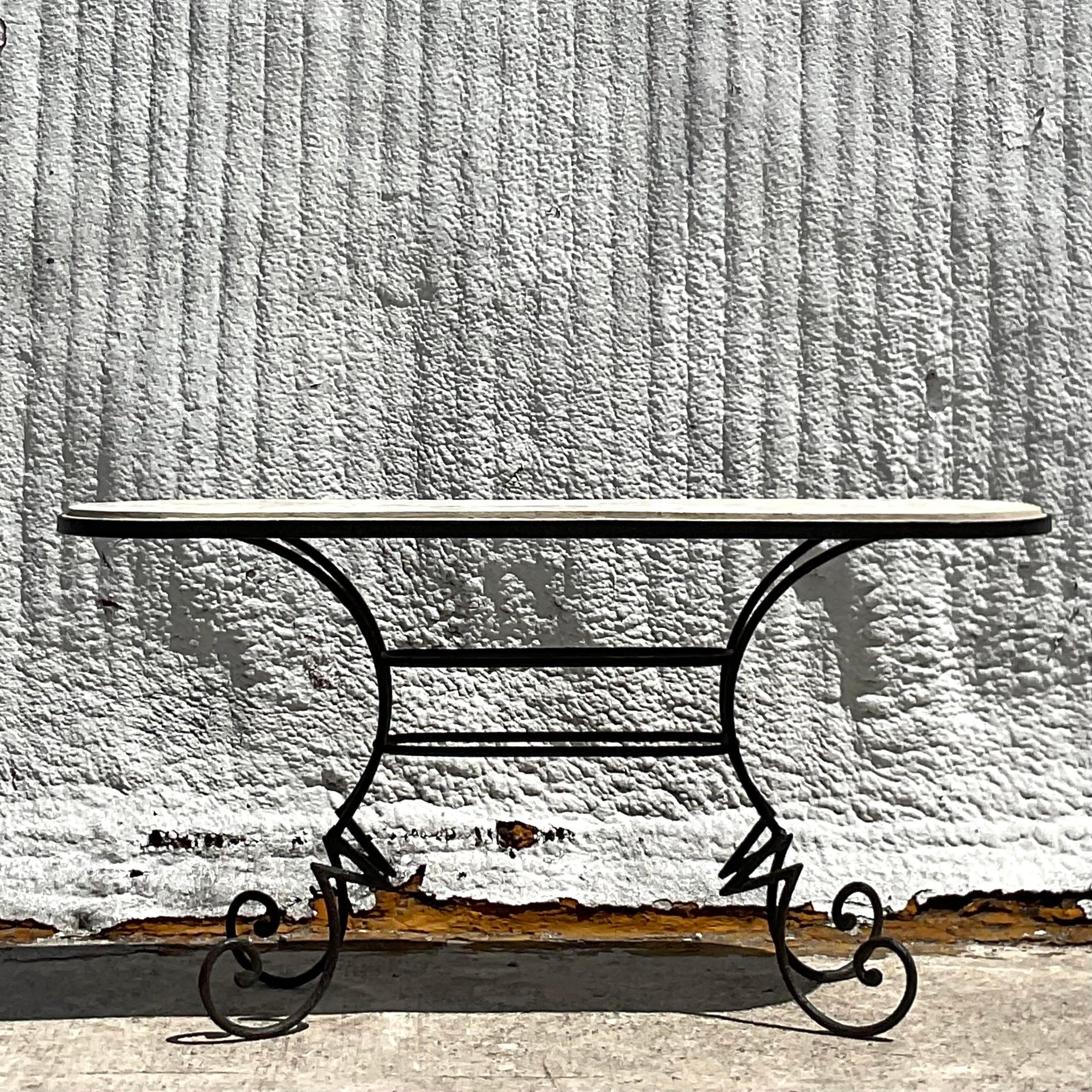 Post-Modern Vintage Coastal Coquina and Wrought Iron Console Table