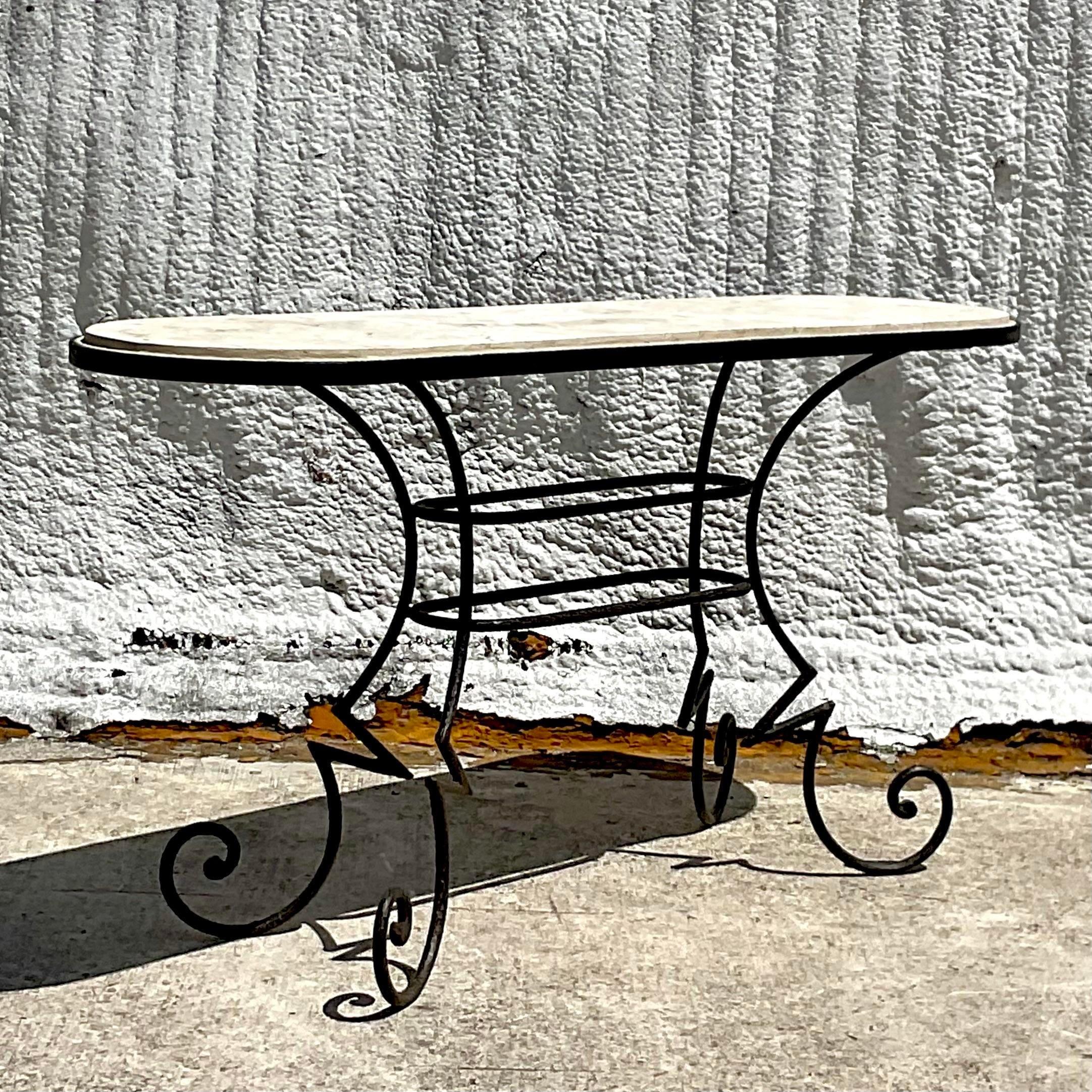 American Vintage Coastal Coquina and Wrought Iron Console Table