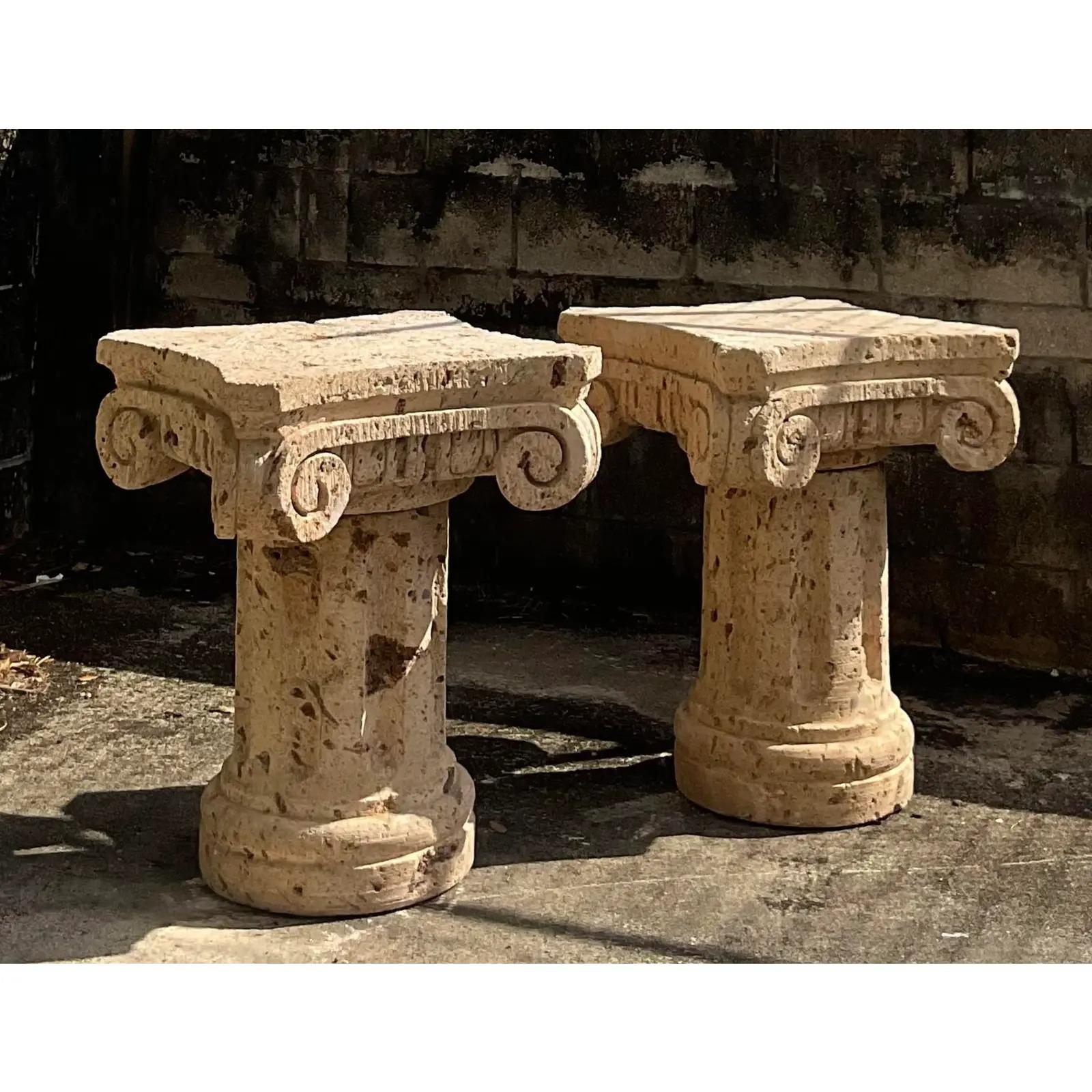 North American Vintage Coastal Coquina Stone Column Dining Table Pedestals, a Pair